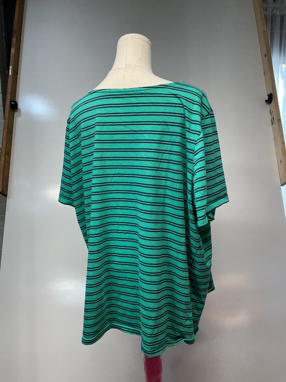 Coral Bay Woman 3X Green Navy Striped Cotton Top Button Shoulder Plus Size - Picture 9 of 10